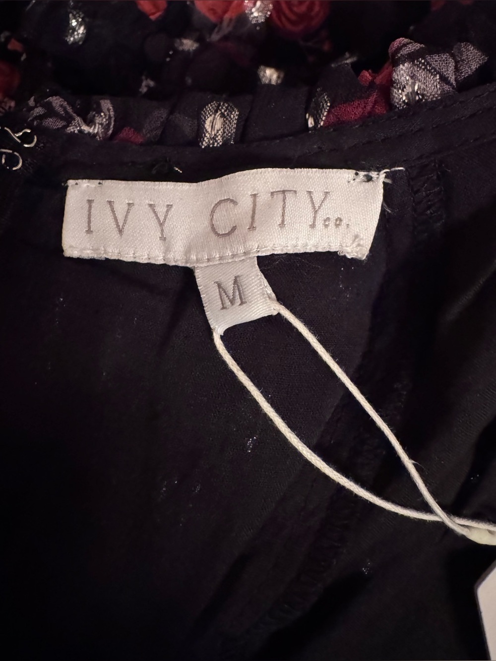 Ivy City Co Black Maxi Dress with Red Floral Print and silver polka dots. - Picture 4 of 10